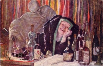 Dämon Alkohol Gemälde von Wollner auf dem der Dämon Alkohol eine junge Frau befällt
