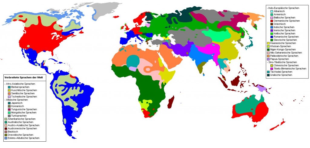 Die Sprachfamilien der Welt übersichtlich dargestellt in einer Weltkarte