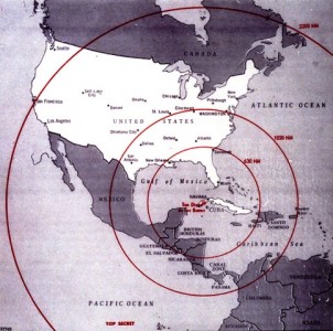 Kuba Krise: Bild der CIA, welches die Reichweite Sowjetische Raketen auf Kuba darstellt