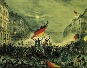 Maerzaufstand in Berlin - Revolution 1848 Portrait des Maerzaufstand in Berlin während der Revolution von 1848 mit Barikaden und schwart rot goldener Deutschlandfahne