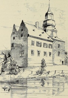 Kirchengeschichte Holzschnitt einer alten Kirche hinter einem kleinen See