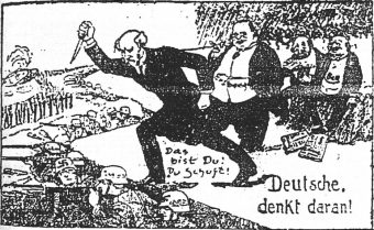 Karikatur der Dolchstoßlegende Karikatur der Dolchstoßlegende.: Philipp Scheidemann erdolcht die deutsche Front von hinten, Matthias Erzberger steht dahinter:.