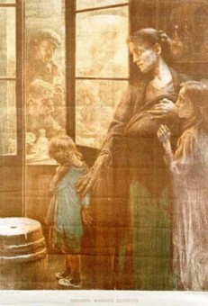 Die Branntweinpest in der Kunst des 19. Jahrhunderts Gemälde einer unglücklichen Familie steht vor einer Wirtshaustür, in dem der Vater Branntwein trinkt