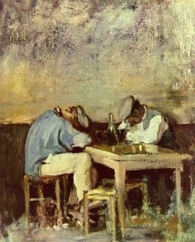 Portrait von Nicolae Grigorescu: Zwei Arbeiter beim Rauschtrinken an einem Tisch