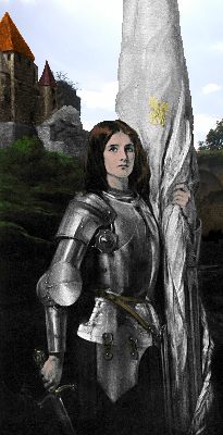 Portrait der erwachsenen Jeanne D'Arc in Rüstung mit Schwert